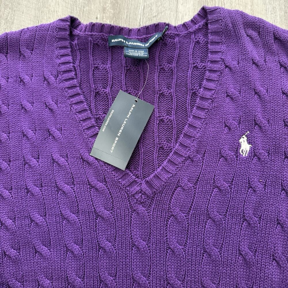 Ralph Lauren Sport Sweater Womens Size XL Purple Cable Knit V-Neck Cotton NEW - Picture 3 of 7